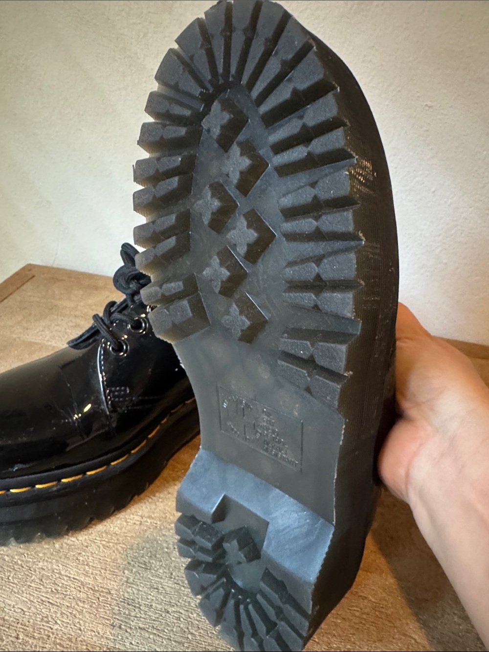 Dr. Martens Black Patent Platform Lace-Up Shoes with Yellow Stitching - Picture 5 of 5